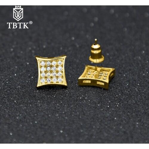 TBTK Iced Out Men Stud Earings Silver Color Unisex Square Zirconia Stones Bling Crystal Jewelry Fashion Gold Punk Earrings Large