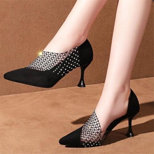 Fashion Mesh & Lace Hollow Stripe Crystal Ladies Casual Pointed Toe High Stilettos Heels Pumps Feminine Mujer Sandals Shoes