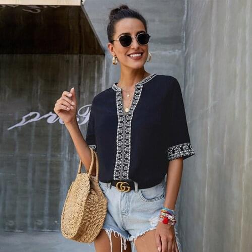 High Quality Embroidered Shirt Women 2021 New Half-sleeved V-neck Pullover Ethnic Style Loose Top