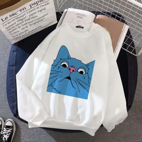 Spring 2020 New Kpop Harajuku Kawaii Blue Cat Print Women Sweatshirt Pullover Tops Streetwear Long Sleeve Hoodies Large Size 2XL