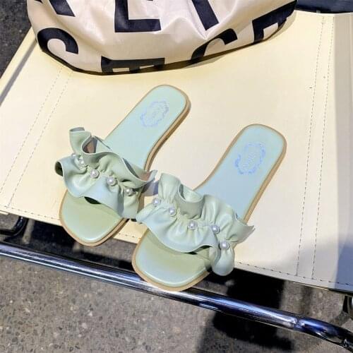 Women Summer New String Bead Flat Sandals Slippers Female Square Heel Pleated Sandal Ladies Casual Soft Bottom Slides