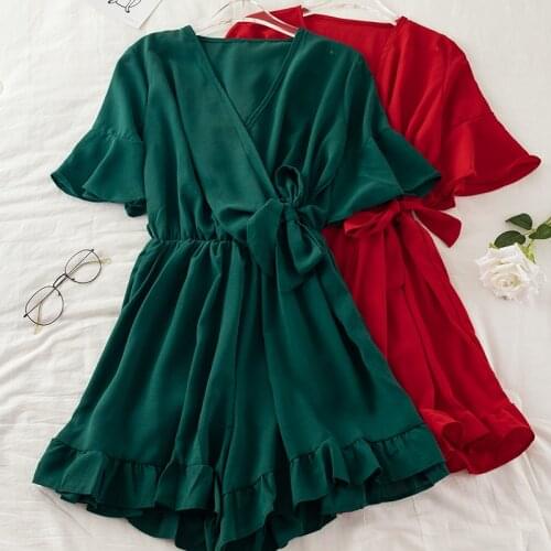 Women Summer V-Neck Flare Sleeve Rompers Ruffles Jumpsuits Lady Slim Elastic Waist Bandage Strap Wrapped Party Beach Playsuits