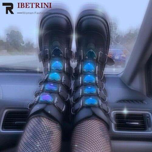 Female Motorcycle Boots For Women Autumn Metal Buckle Strap Platform Wedges Goth Fashion Med Calf Boots Womens Shoes Brand New
