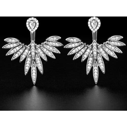 Zlxgirl jewelry Elegant Feather Shape White Gold Earrings Good Quality Zircon Jewelry Party Stud Earrings for Women couple gifts