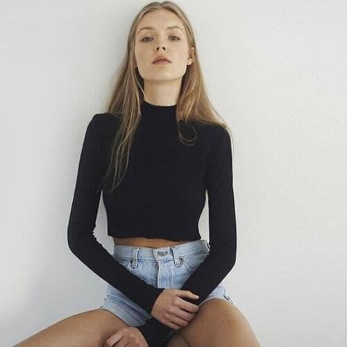 Women Slim Soft Elastic Turtleneck Solid Crop Tops Girl Outdoor Running Sport Long Sleeve Short T-Shirts Tees