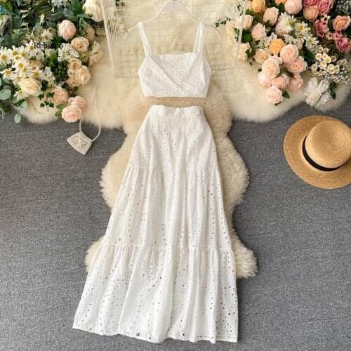 Women Summer New French Vacation Two Pieces Set Hollow Off Shoulder Strap Short Tops+Hollow High waist Midi Skirt