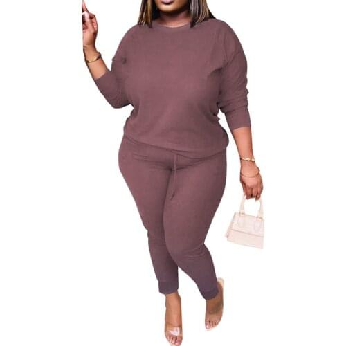 Plus Size active wear women solid color two piece set long sleeve tee tops long pants suit sweat suit tracksuit female outfit