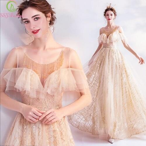 SSYFashion New Gold Evening Dress Scoop Crystal Beading Sparkling Banquet Elegant Long Prom Formal Gown Robe De Soiree