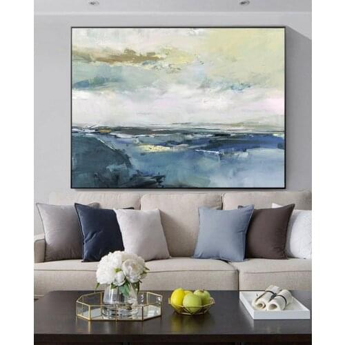 Coastal Landscape Abstract Canvas Painting,Sky Landscape Painting,Blue Gray Painting,Large White Abstract Art Painting On Canvas