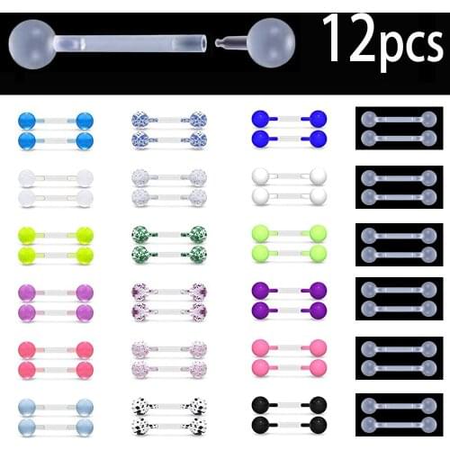 12PCS Acrylic Push Top Tongue Ring Flexible Piercing Barbell Retainers Plastic Bioflex Sexy Piercings Nipple Bar Body Jewelry