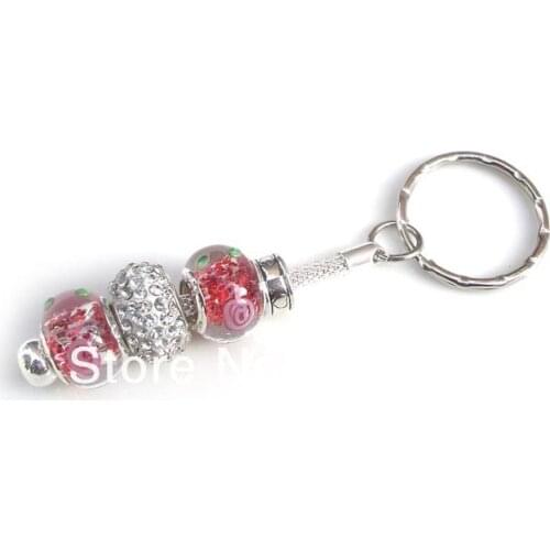 Free shipping 2pcs/lot silver key chain 925 core glass beads key ring 83mm long 20mm ring dia.-red pretty family