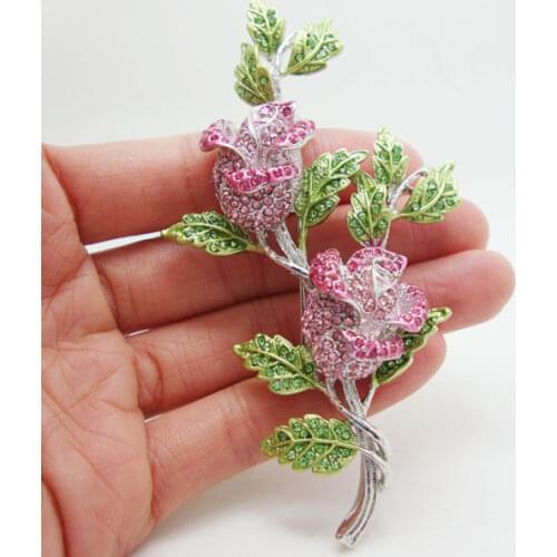 Fashion Jewelry Beautiful Pink Rhinestone Crystal Rose Flower Brooch Pin