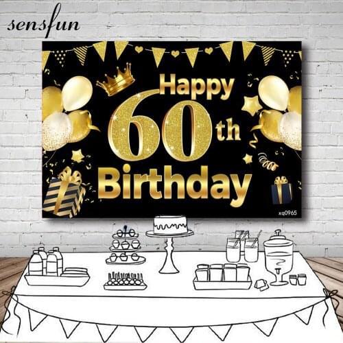 Sensfun Black And Gold Happy 60th Birthday Party Backdrops For Photography Glitter Bunting Balloons Backgrounds Customized