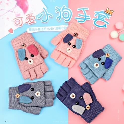 Childrens clamshell gloves female winter cute five-fingers big kids plus velvet cartoon warmth thickening girl woolen knit