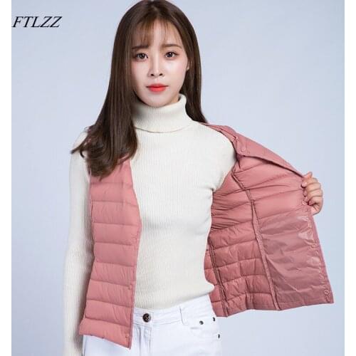 FTLZZ New Ultra Light Vests Down Jacket Coat Autumn Winter Women Sleeveless Slim Short Single Breasted Sleeveless Waistcoat
