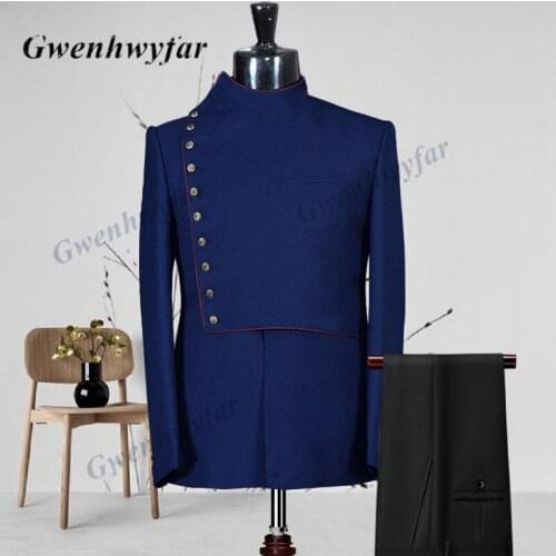 Gwenhwyfar Tailored Gold Button Men Suits Navy Black 2021 Autumn New High Neck Blazer Pants Wedding Groomsmen Best Man Tuxedos