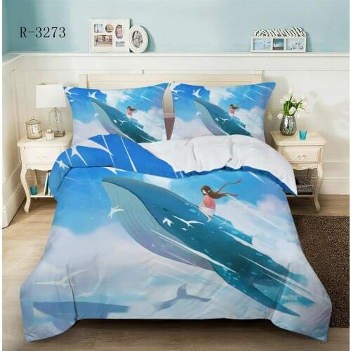 Caroon Whale Duvet Cover Set Animal Whales Bedspreads Marine Life Bedding Set Ocean Blue Watercolor Bedclothes 2/3pcs Bed Cover