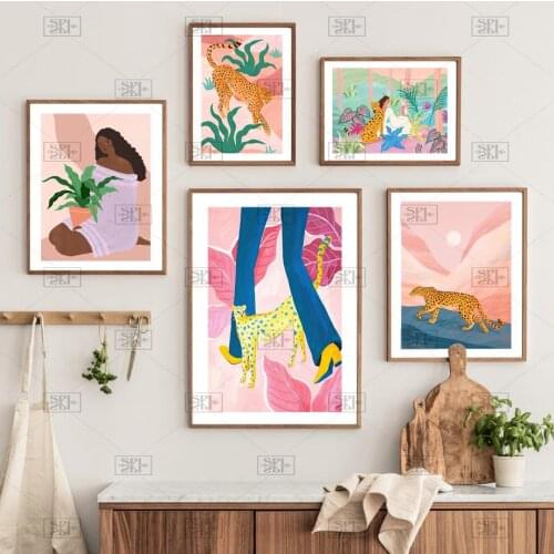 Jungle Leopard Tiger Tropical Plants Girl Abstract Wall Art Print Canvas Painting Nordic Poster Decor Pictures for Living Room