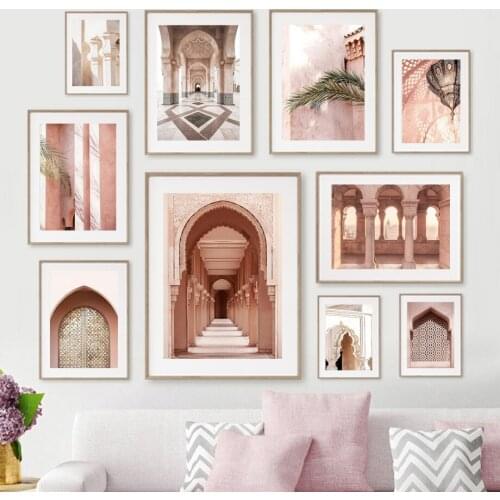 Nordic poster Morocco door mosque hall promenade leaf print mural art canvas painting mural living room decoration