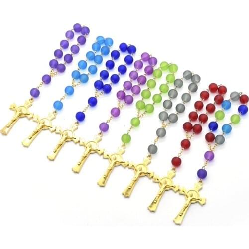 QIGO Gold Jesus Cross Glass Rosary Bracelet Catholic Prayer Jewelry Car Hanging