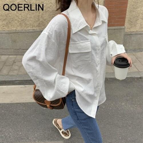 QOERLIN Single Breasted Blouse Office Ladies Turn-Down Collar Big Lantern Sleeve Full Sleeve Simple Basic Tops Loose Solid Shirt