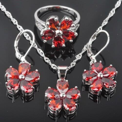 Unusual Silver Color Jewelry Set For Women Wedding Necklace Earring Ring Red Zircon Crystal Costume Sets QZ0251