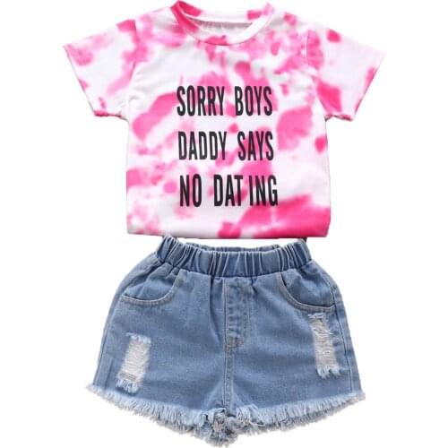 2021-04-06 Lioraitiin 2-7Years Toddler Baby Girl Short Sleeve + Denim Shorts Camouflage Print Hole Elastic Waist Clothing