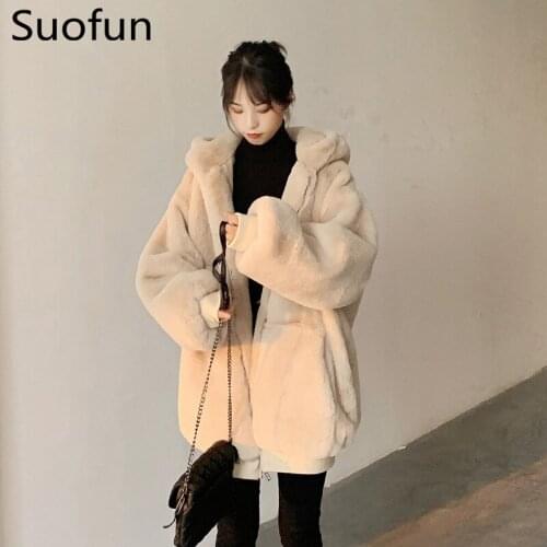 Suofun 2021 Fashion Plush Coat Womens Winter Imitation Rex Rabbit Fur Grass Mid Length New Thickened Hooded Winter Warm Coats