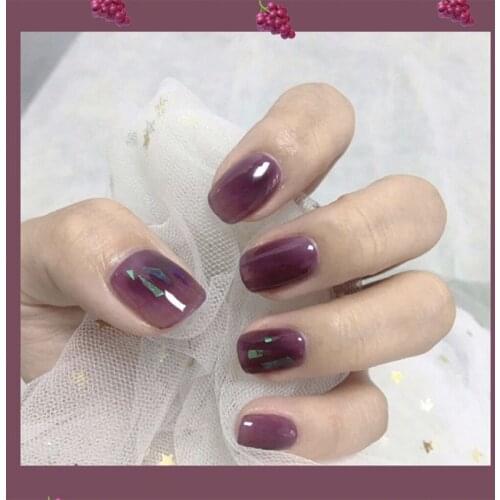 Ins Jelly purple colored glaze fake nails Japanese Bride cute short size lady full nail tips 24pcs with glue false nails