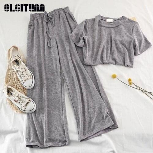 New 2020 Women Knitted Retro Loose T-Shirt Tops High Waist Wide Leg Casual Nine Pants Two Sets Female Suit WS161