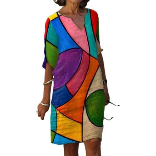 Summer Women Dress Vintage Printed Loose Half Sleeve V Neck Knee-length Dress comfortable Spring/Summer Womens Clothing 2021