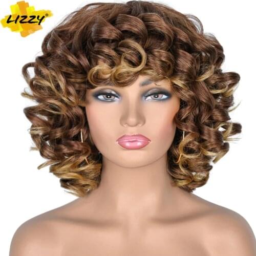 Short Hair Afro Curly Wig With Bangs Dark Brown Synthetic Cosplay Loose Fluffy Shoulder Length Natural Wigs For Black Women 14"