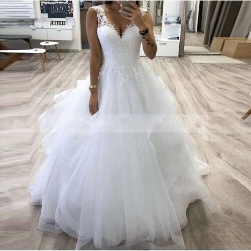 ANGELSBRIDEP Cap Shoulder Ball Gown Wedding Dresses Vestido De Noiva Sexy V-Neck Applique Floor-Length Formal Bridal Gown