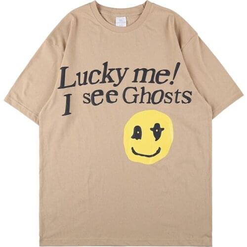 Lucky Me I See Ghost Smiley Letter Foam Kanye Tshirts Men and Women Round Neck Oversize Streetwear Casual Summer T Shirt