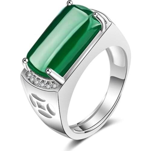 FYJS Unique Silver Plated Rectangle Shape Green Agates Resizable Ring for Engagement Gift Jewelry