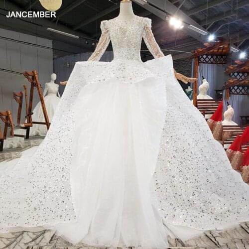 HTL1887 Ivory White Crystal Sequined Beading Appliques Wedding Dress 2020 Long Sleeves Ball Gowns V-Neck