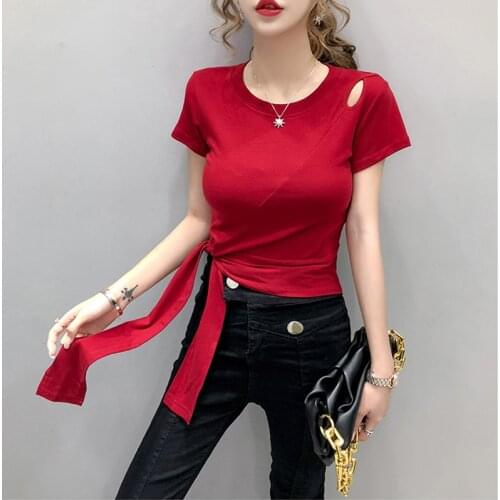 Summer Short Korean Tops Women Knitted Cotton Fashion Bow Tee Shirts Women Solid Short Sleeve Casual T-shirt Femme Summer 2020
