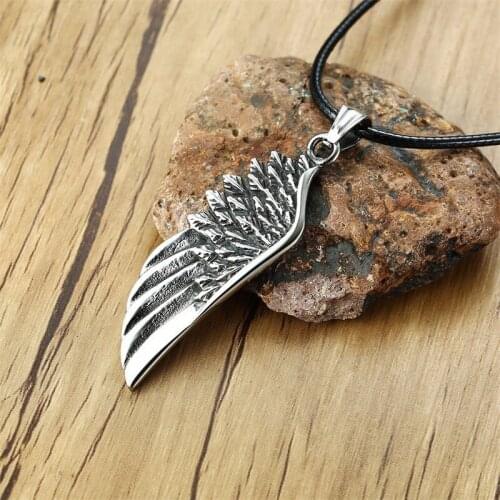 Mens Stainless Steel Single Feather Angel Wing Pendant in Black Wax Rope Necklace Gift For Him Cool Guy Jewelry