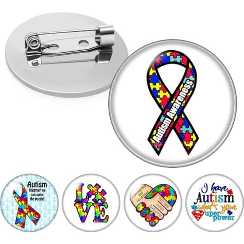 Autism Awareness Puzzle Pieces Heart Hope Ribbon Love Glass cabochon Brooch Dome Photo Jewelry Brooches Pin Men Woman Gift