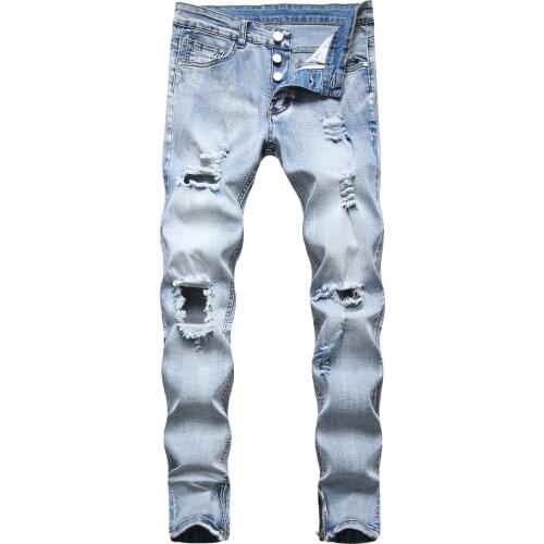 Men straight slim-fit jeans button placket solid color washed distressed hole casual jeans high street style men denim pants