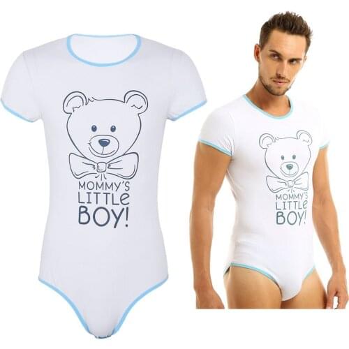 Mens One Piece Lingerie Round Neck Short Sleeves Press Button Crotch Front Printed Bodysuit Romper Pajamas Sleepwear Nightwear