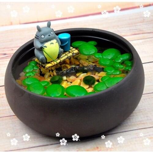 Set 3pcs Miniature Small Totoro Sit on Bamboo Raft Fishing , Ghibli Figurines Fairy Garden Supplies Terrarium Accessories