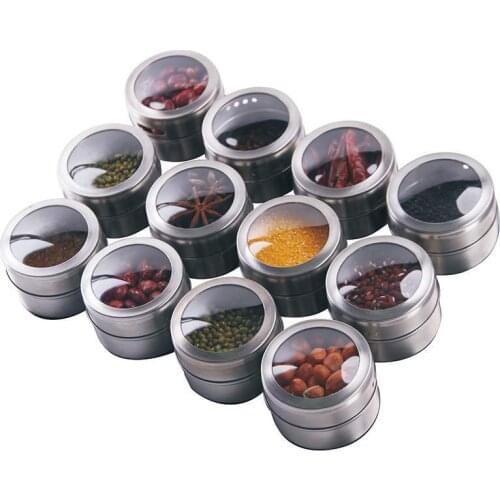 Magnetic Spice Tins set - Shake or Pour Containers Attach to Most Refrigerator Doors- Easy Open Window Top Shakers