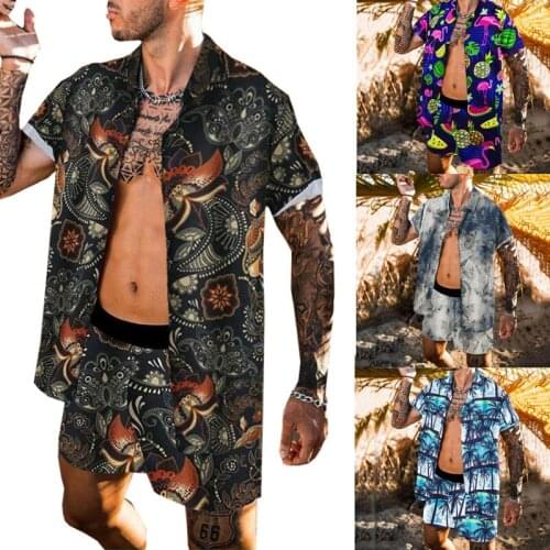 2021 summer new mens Printed shirt Two-piece suit of shirt and beach pants