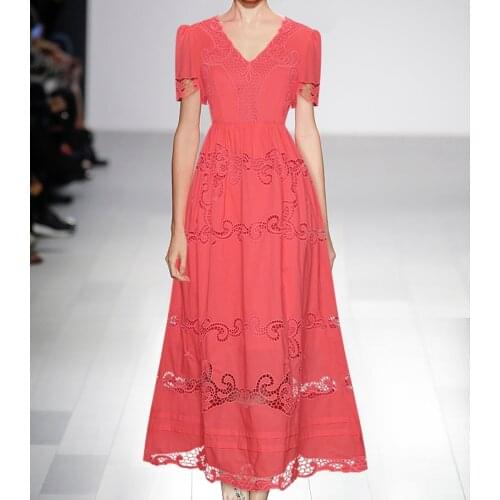 New Arrival Women Coutwork Embroidery Dress Fashion V-Neck Short Sleeve A-Line Dresses 4606
