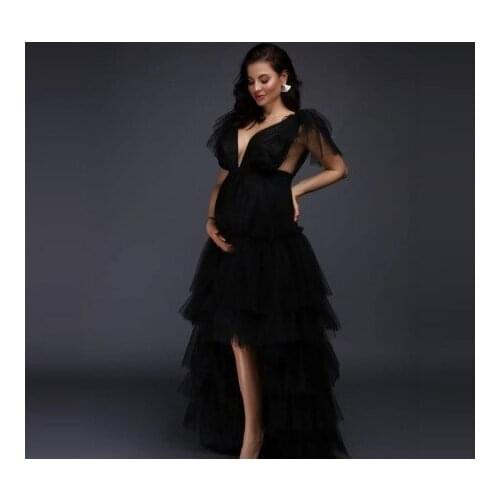 2021 New Black Hi Low Tulle Maternity Gowns V Neck Short Sleeves Ruffles Tiered A Line Long Women Pregnancy Dresses