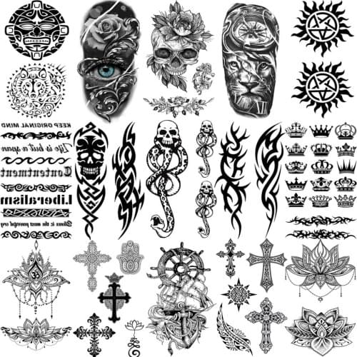 Realistic Snake Skull Thorns Temporary Tattoos For Women Men Crown Cross Anchor Lotus Fake Tattoo Waterproof Fashion Hand Tatoos