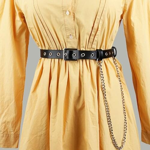 Black Genuine Leather belt For women Lady Luxury Design Cowgirl waist Chain decoration Pin buckle punk For Dance For jeans Dress