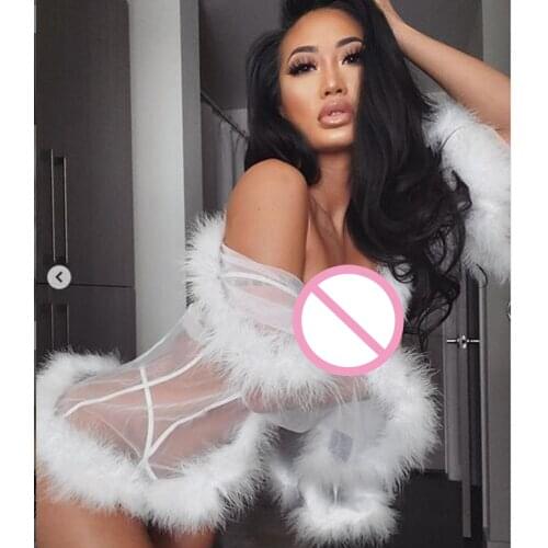 Sexy See Through Lace Mesh Sheer Robe Women Sleepwear Babydolls Nightgown Erotic Lingerie Furry Hem Long Sleeve Mini Robe