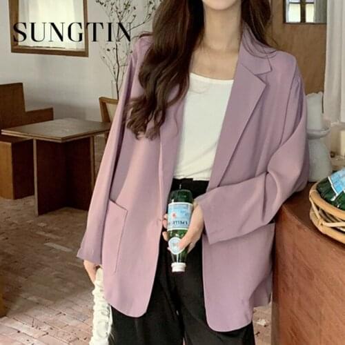 Sungtin Korean Purple Loose Causal Blazer Women Solid Office Ladies Elegant Retro Female Blazer Single Button Design Tops 2021